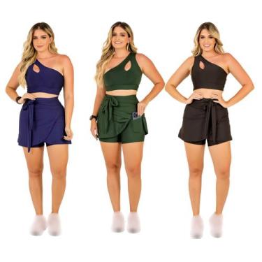 Imagem de Kit 3 Conjuntos Feminino Short Saia Com Bolso e Top Cropped  Fitness M