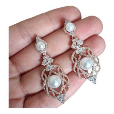 Imagem de Brinco Noiva Zirconia Perola Pendurado Dourado Rosê Festa - De Castro 