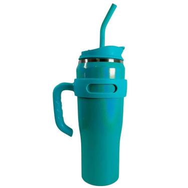 Imagem de Copo Térmico Inox Com Alça Canudo Esmaltado Glitter Portátil, Prático E Mantém A Temperatura Ideal - azul Claro