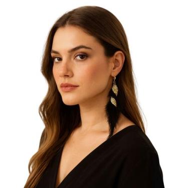 Imagem de Brinco de Pressão com Penas Preto e Folhas Douradas Luxo - anjo da mam