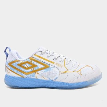 Imagem de Chuteira Futsal Umbro Pro 5 Bump Kintsugi Unissex, Branco, Azul claro,