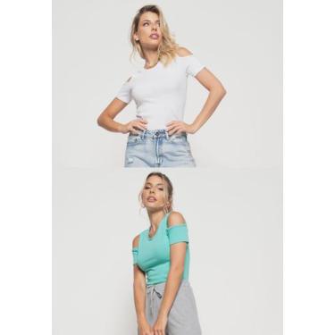 Imagem de Kit 2 Blusas Ombro Vazado Malha Canelada Branca e Verde Salvatore, G