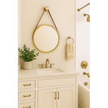 Imagem de Espelho Redondo Decorativo Suspenso Com Alça 30cm + Suporte Dourado Al