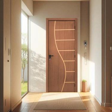 Imagem de Kit Porta de Madeira Decorada 215x84cm Batente 10cm Cantareira Abertur