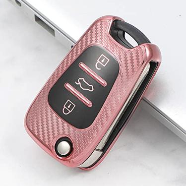 Imagem de WSWJDW Fibra de carbono TPU chaveiro carro capa chaveiro anel chave bolsa, apto para Hyundai i20 i30 ix35 Solaris Elantra acento Kia Ceed K2 K5 Sportage, rosa