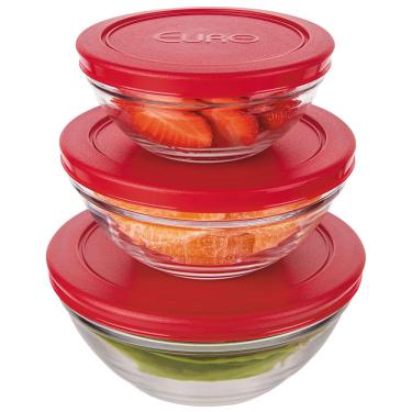 Imagem de Conjunto de Potes Redondos 3 Peças Euro Home em Vidro com Tampa em Polietileno – Transparente/Vermelho