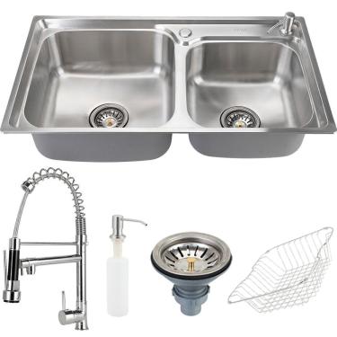 Imagem de Cuba Para Cozinha Pia Dupla Com Acessórios Potiguara E Torneira Misturador Monocomando Gourmet Munim Pingoo.casa