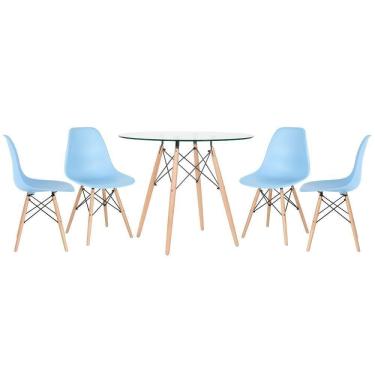 Imagem de Mesa Redonda Eames Com Tampo De Vidro 90 Cm + 4 Cadeiras Eiffel Dsw Azul Claro