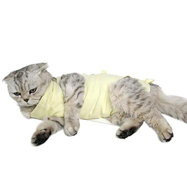 Imagem de Terno pós-operatório de recuperação de gatos para feridas abdominais e neutralizadas, colete cirúrgico respirável para gatos machos fêmeas, colar e cone de substituição, amarelo, P (BUST30 cm)