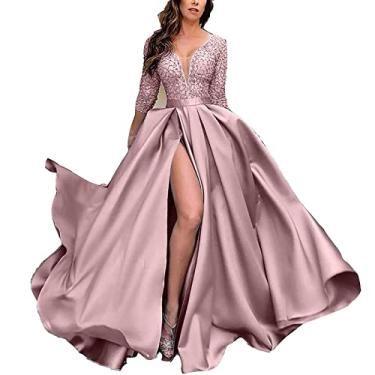 Imagem de Vestido de festa formal longo de renda feminino vestidos de casamento decote em V com fenda swing vestido de festa para mulheres com mangas, rosa, GG