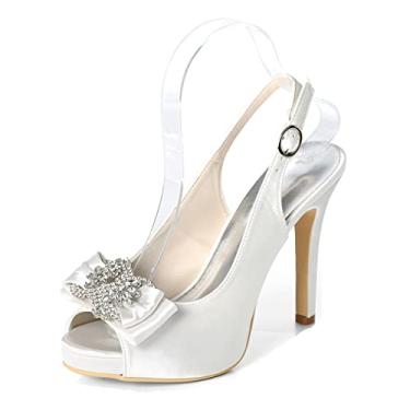 Imagem de Sapatos de casamento de noiva de salto alto de cetim marfim Peep Toe feminino sapatos de salto agulha com strass 35-42,White,2 UK/35 EU