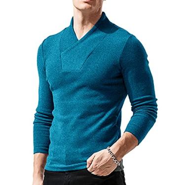 Imagem de NJNJGO Blusa masculina manga longa gola V pulôver slim fit cor sólida casual outono inverno camiseta, Azul, GG