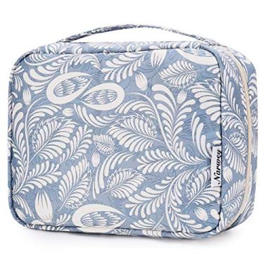 Imagem de Narwey Pequena bolsa de viagem pendurada para mulheres, bolsa de viagem para artigos de higiene pessoal, bolsa organizadora de cosméticos, bolsas de maquiagem para meninas, Folha azul
