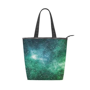 Imagem de Bolsa de mão de lona, estampa verde, galáxia, bolsa de ombro para mulheres
