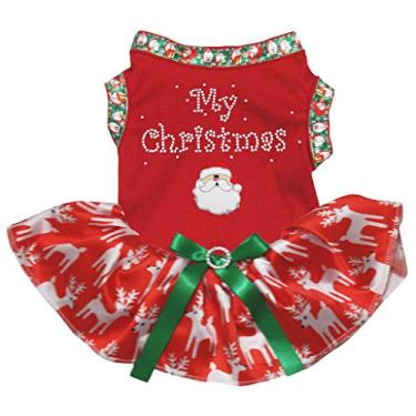 Imagem de Petitebella My Christmas Papai Noel Camisa vermelha de algodão tutu filhote de cachorro vestido (vermelho rena tutu, grande)