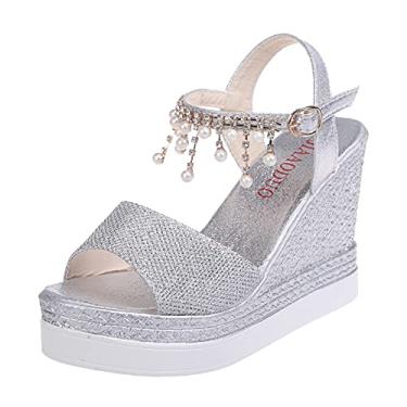 Imagem de Sandálias plataforma de decoração pérola sapatos plataformas super moda feminina cristal casual sandálias altas femininas (prata, 8)