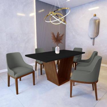 Imagem de Mesa De Jantar Safira 1,6m Preto Com 6 Cadeiras Elisa Veludo Cinza Madeira Maciça Imbuia