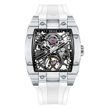 Imagem de OBLVLO Marca de luxo Relógio masculino esportivo Quadrado Tonneau Esqueleto Aço Fibra de carbono Relógio mecânico automático Pulseira de borracha Relógios EM-ST (EM-ST-WBW1)