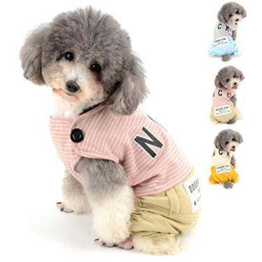 Imagem de Ranphy Roupas de algodão para cães pequenos camisas listradas para animais de estimação com calças cachorrinho fofo macacão estampado de letras verão cachorrinho fantasia de quatro pernas rosa tamanho