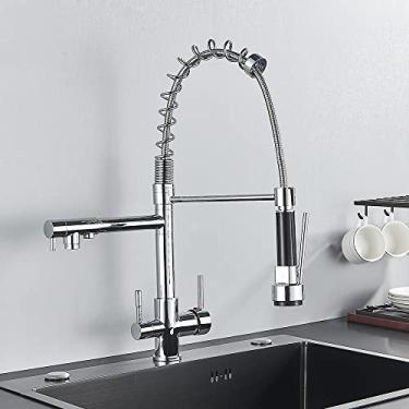 Imagem de Torneira de cozinha com filtro de água pura, preta fosca, alça dupla, água potável quente e fria, purificação de guindaste, misturador de cozinha, cromado