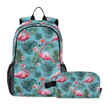Imagem de CHIFIGNO Mochila para meninas, meninos, crianças, robôs coloridos, mochila escolar, mochila para o ensino médio com lancheira isolada, Flores de flamingos rosa e folhas de palmeira, One Size
