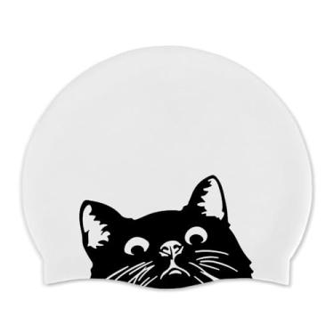 Imagem de WIRESTER Touca de natação para adultos, touca de natação de silicone durável para homens e mulheres, chapéu de natação confortável impermeável para cabelos curtos médios longos - branco (gato gatinho