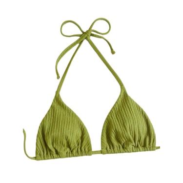 Imagem de MakeMeChic Top de biquíni feminino triangular franzido amarrado nas costas maiô top frente única, Verde oliva, M