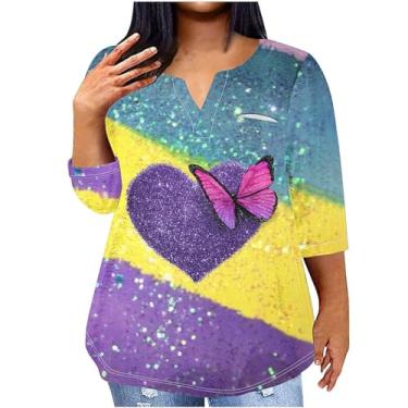 Imagem de Camiseta feminina com estampa de coração e gola V, manga três-quartos, túnica grande, folgada, casual, Amarelo, 5G