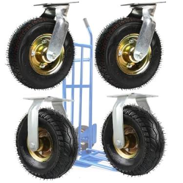 Imagem de Roda de borracha preenchida com ar, 2 rodízios giratórios e 2 rodízios fixos, conjunto de rodízios resistentes, pneus de substituição para carrinhos de mão, rodízios silenciosos, 15 cm, 20 cm, 25 cm