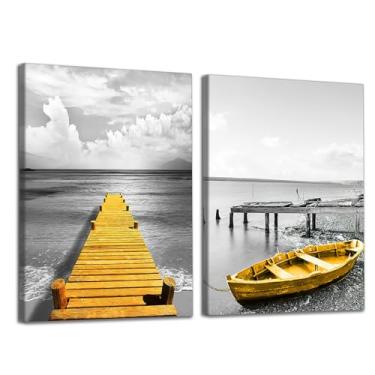 Imagem de Arte de parede Lake Dock Pintura de barco arte de parede preto e amarelo imagens preto e branco cais pintura barco lago preto branco pôster de paisagem para quarto de escritório 40 x 61 cm conjunto de