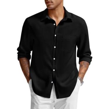 Imagem de Runcati Camisa masculina de manga comprida com botões e gola de trabalho casual de linho, Preto, G