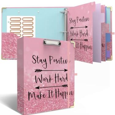 Imagem de Fichário de 3 anéis, 5 cm, lindos fichários redondos rosa com 6 divisórias de abas, etiquetas adesivas, prancheta de baixo perfil com armazenamento, fichário moderno material de escritório escolar