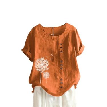 Imagem de Camiseta feminina de linho de verão gráfica manga curta túnica gola redonda botão túnica ajuste solto camiseta casual tops tops, 2 - laranja, 3G