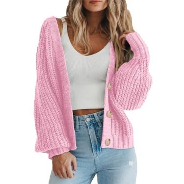 Imagem de Cardigã feminino de malha grossa com frente aberta da PRETTYGARDEN, manga comprida, botão solto, cardigã curto, rosa, P