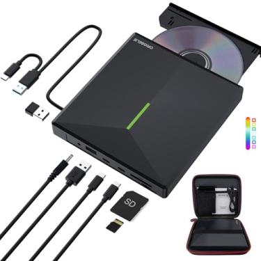 Imagem de ORIGBELIE Unidade externa de CD DVD com 4 portas USB e 2 compartimentos para cartão TF/SD, gravador de leitor de CD/DVD USB 3.0 para laptop, PC, Windows 11/10/8/7 Linux OS com estojo de transporte