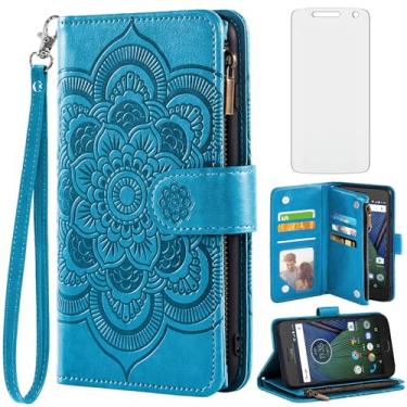 Imagem de Asuwish Capa de celular para Moto G5 Plus com protetor de tela de vidro temperado e porta-cartões flip de couro floral celular Motorola MotoG5 G 5 5ª geração G5+ XT1687 G5plus feminino masculino azul