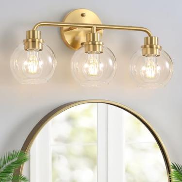 Imagem de Watyo Luminária dourada com 3 arandelas de parede para banheiro, cozinha, sala de estar, quarto, corredor, entrada 40 x 17 x 23 cm, modernas luzes de latão escovado dourado com persianas de vidro