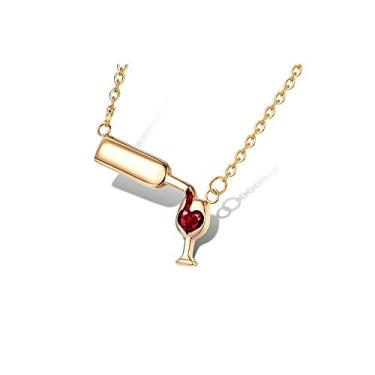 Imagem de Colar elegante com pingente de copo de garrafa de vinho, cobre polido, cristal de zircão vermelho, moda para mulheres, Metal, Sem Pedra Preciosa
