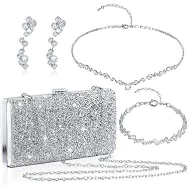 Imagem de stablerice 4 peças bolsa clutch feminina strass noite bolsa de mão prata bolsa clutch para mulheres conjunto de joias strass noite, Prata