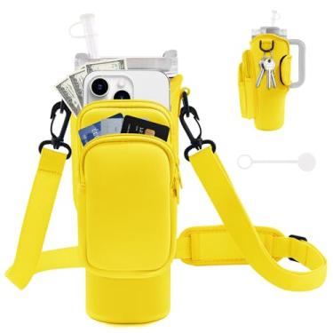 Imagem de JEBEALUO Bolsa de transporte para garrafa de água com bolso para telefone para copo Stanley 100 ml, suporte de garrafa de água com alça ajustável e capa de palha, acessórios para copo Stanley