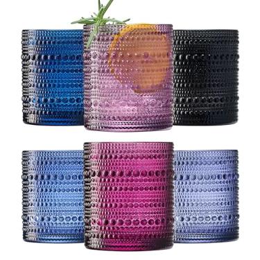 Imagem de Taças de bebida Hobnail Shades of Violet, copos de bebida com contas de cores roxas | Conjunto de 6 | Vidro vintage de 293 ml com design de bolhas de uísque, antiquado, em relevo, vidro pesado grosso