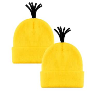 Imagem de kitihoney 2Pcs Yellow Beanie Knit Hats Adult Costume Accessories Cuffed Cap Women Kids Halloween Cosplay Party Set Minion Gru
