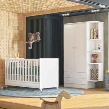 Imagem de Kit Berço Mini Cama Taís e Guarda Roupa Infantil 2 Portas e 2 Gavetas com Nicho Brilhar Q01 Branco - Amarena Móveis