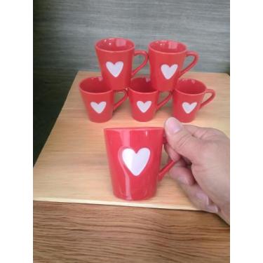 Imagem de Jogo Kit 6 Canecas/ Xicaras Café Porcelana Coração Relevo vermelho - N