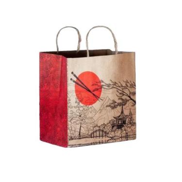 Imagem de Sacola De Papel Kraft Pardo com Desenho Oriental - Tamanho G 30x32x19 