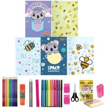 Imagem de Kit 5 Cadernos Brochura Menina + Material Escolar Completo - Maxima Ca