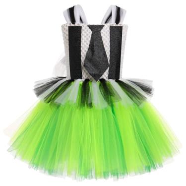 Imagem de Vestido tutu de tule fofo listrado preto e branco com laço e faixa de cabeça infantil assustadora para aniversário, Verde, 8-9 Anos
