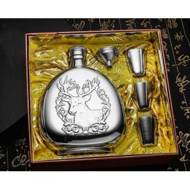 Imagem de Frasco de aço inoxidável para uso ao ar livre, frascos de garrafa de vinho portáteis para licor para homens cantil de uísque (padrão de cervos) (estilo de 500 ml2) Enviar1 * funil, 3 * copos