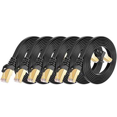 Imagem de Cabo Ethernet blindado Cat 7 (cabo de alta velocidade) Cat7 cabos de patch Ethernet plano - cabo de Internet para modem, roteador, LAN, computador - compatível com Cat 5e, rede Cat 6, 3ft 6Pack Black, 3 feet