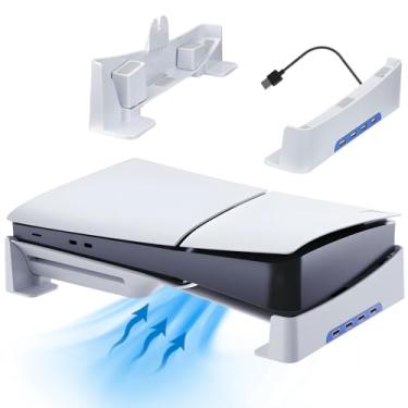 Imagem de Racrank Suporte horizontal PS5 Pro com hubs USB, base de modo duplo antiderrapante para PS5 Slim/Pro Disc e edição digital, suporte estabilizado de design mini exclusivo para configuração de sala de